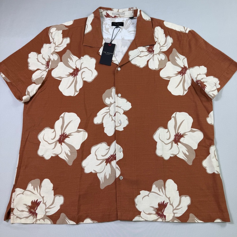 Ted Baker Printed Camp Shirt Mens XXL Mocha Bisque Floral Linen Resortwear NEW